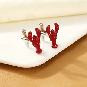 Creative red lobster cufflinks in silver-polished metal finish for French shirt sleeves