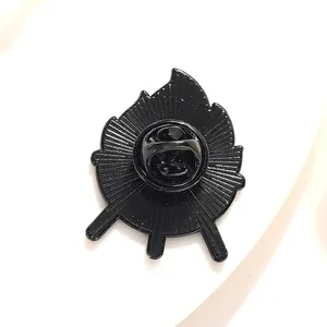 Outdoor camping matchstick enamel pin back view with black rubber clutch fastener