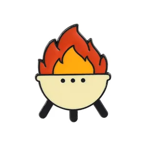 Creative BBQ grill enamel pin with red flames and metal alloy finish for outdoor camping