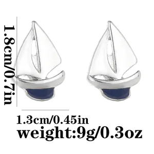 Silver sailboat cufflinks with blue enamel finish and detailed size measurements