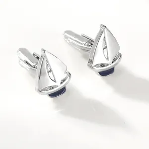 Men Sailboat Cufflinks Alloy Metal Silver Tone Blue Enamel Nautical Cuff Links For French Shirts Business Wedding Jewelry