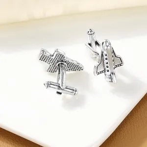 Silver airplane cufflinks with vintage texture for men's business shirt styling