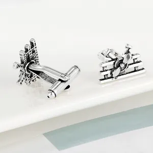 Men's vintage biplane cufflinks in silver metal finish for formal business shirts