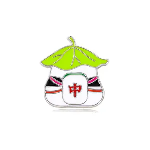 Cartoon panda mahjong enamel pin featuring a green lotus leaf hat and red character design