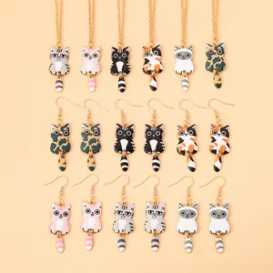 Cute Cartoon Cat Pendant Necklace Earring Set Alloy Enamel Drip Oil Moving Tail Animal Jewelry For Women Kids Gift