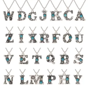 Bohemian Antique Silver Alloy Capital English Initial Alphabet Pendant Necklace For Women Men Vintage Carved Geometric Letter O Chain Necklace Jewelry Gift