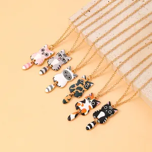 Cute enamel cat necklaces with movable tails on golden chains in various patterns