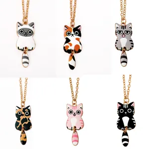 Cute cartoon alloy cat necklaces with movable tails in six different color patterns