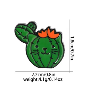 Detailed size specifications for the green cat cactus enamel pin showing height and width