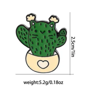 Cartoon cactus cat enamel brooch pin for denim bags with heart pattern pot