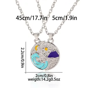 Detailed size chart showing Tai Chi Yin Yang sun and moon pendants with chain measurements