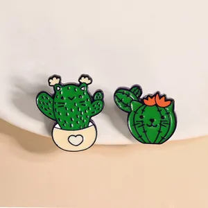 Cartoon Cat Cactus Enamel Brooch Alloy Creative Green Plant Animal Badge Pin For Backpack Clothes Denim Accessories Jewelry Gift