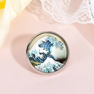 Broche Ronde Artistique en Alliage d'Argent Motif Grande Vague Dôme en Verre Badge Ukiyo-e pour Sac à Dos Chemise Bijoux de Mode Unisexe