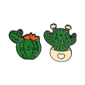 Cartoon cat cactus enamel pins set with cute orange flower and heart flowerpot