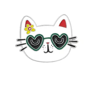 Cute white enamel cat brooch with green heart sunglasses and yellow flower pin accessory