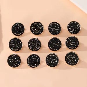 12 Brooches Pin Émail Signes du Zodiaque Rond Or Noir Alliage Badge Revers Bijoux Cadeaux pour Hommes Femmes
