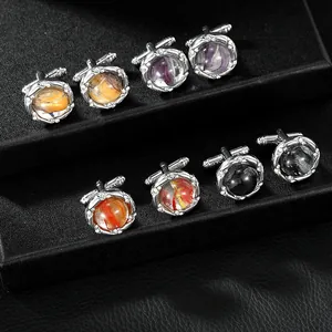 Boutons de Manchette de Luxe en Alliage de Strass pour Hommes Rond Texture Marbre Chemise Française Boutons de Manchette Mariage Bijoux