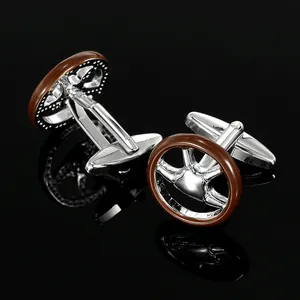 Boutons de manchette pour hommes en forme de volant, finition argentée et marron