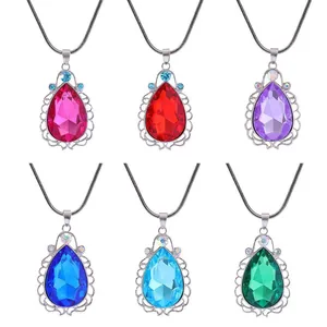 Pear-cut crystal princess amulets in six colors with silver filigree settings and chain