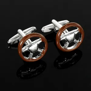 Boutons de Manchette Volant de Voiture Vintage Homme Accessoire Chemise Business Argent Marron Émail Bijoux Automobiles Cadeau