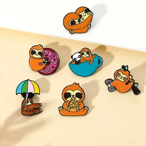 Collection of six cute cartoon sloth enamel pins featuring pizza, panda and gym themes