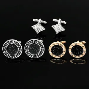 Luxury Men Business Alloy Cufflinks Round Geometric Zodiac Roman Numerals Rhinestone Inlaid Fashion Shirt Cuff Links Accessories