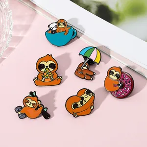 Set of 6 cute cartoon sloth enamel pins featuring pizza, donuts, and coffee designs