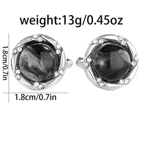 Boutons de manchette ronds argentés avec pierre de marbre gris, bord spirale et strass, 1,8cm
