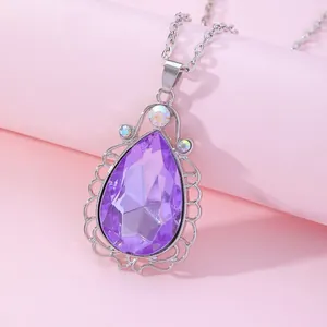 Purple crystal drop amulet necklace for girls with ornate silver lace pattern frame