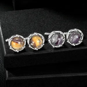Boutons de manchette français élégants avec pierres ambre et violettes en monture argent