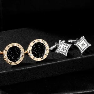 Elegant men's cufflinks set featuring Roman numeral engraving and diamond-studded accents