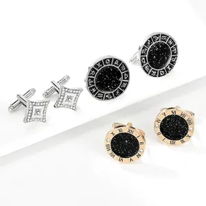 Detailed display of three elegant cufflinks in diamond rhombic, zodiac, and Roman styles