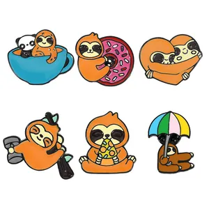 Set of six cute cartoon sloth enamel pins featuring pizza, donuts, and rainbow themes