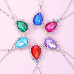 Girls Princess Magic Gemstone Pendant Necklace Water Drop Crystal Alloy Necklace For Kids Cosplay Party Jewelry Gift