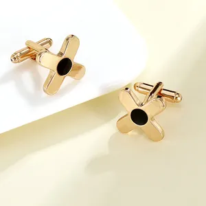 Elegant gold-tone cross X-shaped cufflinks with black circular enamel for men business suits