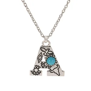 Vintage silver letter A necklace with turquoise stone and bohemian carvings
