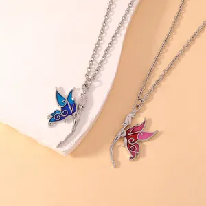 Silver fairy wing pendant necklaces set with blue and pink enamel gradients
