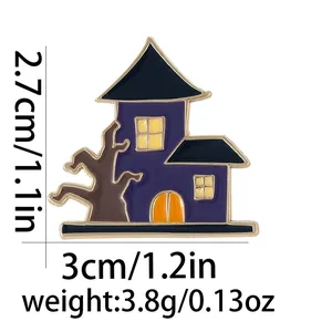 Detailed view of Halloween haunted house enamel pin with dimensions 3cm by 2.7cm