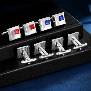 Square crystal cufflinks set with red and blue stones on silver metal for men's shirts