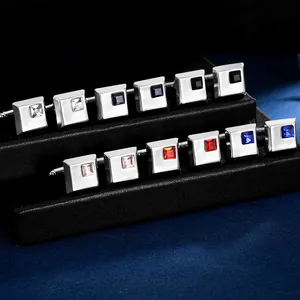 Elegant square polished metal cufflinks with colorful inlaid crystals for men's business shirts