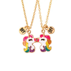 Matching magnetic unicorn BFF necklaces for best friends in golden alloy finish