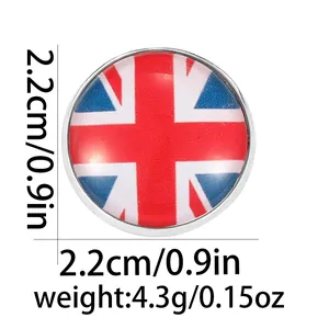 Detail view of UK flag brooch showing 2.2cm diameter and silver metal base design