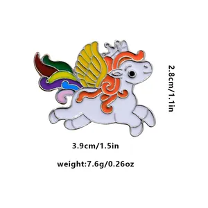 Detail showing cartoon Pegasus enamel pin dimensions with yellow wings and rainbow tail