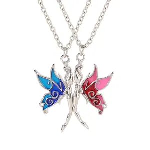 Silver fairy butterfly necklace set with blue and pink enamel wings for women