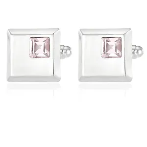 Polished square silver cufflinks for men featuring a sparkling pink square crystal inlay