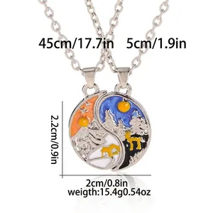 Detail of mountain and forest pendant necklaces with size specs and chain measurements