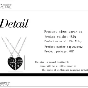 Big and Little Sister heart split pendant necklace set with crystals for best friends