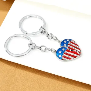 US flag heart puzzle keychains with stars stripes and sparkling rhinestones for BFF