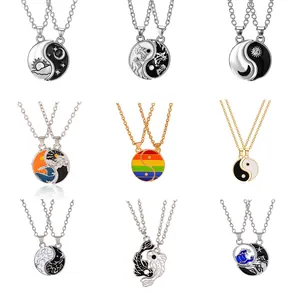 Tai Chi Yin Yang Stitching Pendant Necklace Alloy Enamel Sun Moon Mountain Sea Design Couples Friends Fashion Jewelry