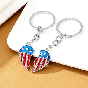 USA flag heart-shaped BFF keychains with sparkling rhinestones and blue stars set